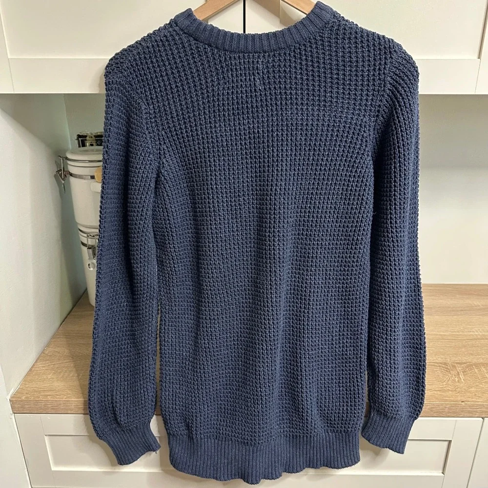 Pact Waffle Knit Sweater Mens S Blue 100% Organic Cotton Crewneck Fisherman Fall